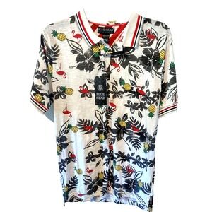 Blue Gear Hawaiian Shirt Men's Medium Graphic‎ Print Design Polo Adult 3 Button